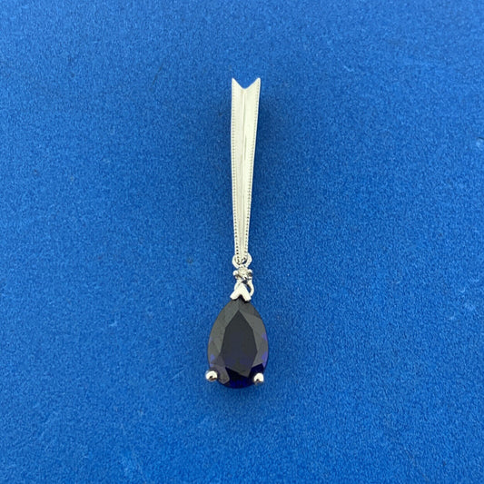 Gorgeous 14k White Gold Pear Cut Blue Sapphire Diamond Accent Dangle Pendant