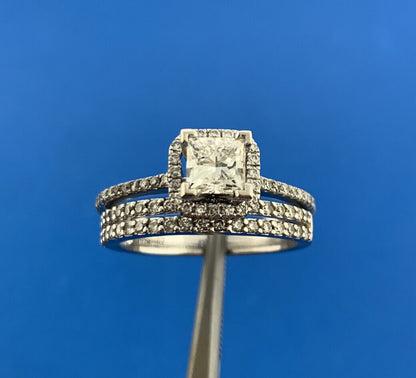 14K White Gold Princess Diamond Solitaire Halo Accented 1.35 TCW Bridal Set