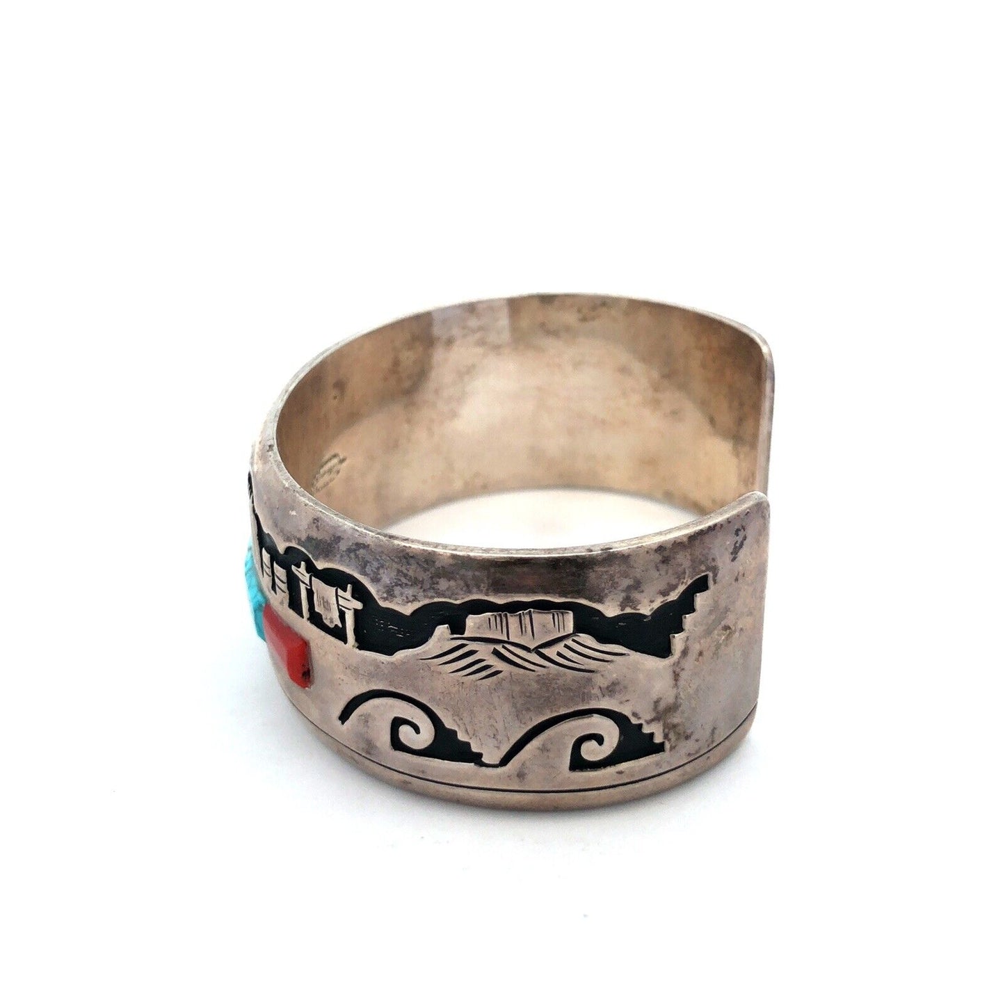 Alvin Begay Navajo 925 Sterling Silver Turquoise Coral Storyteller Cuff Bracelet