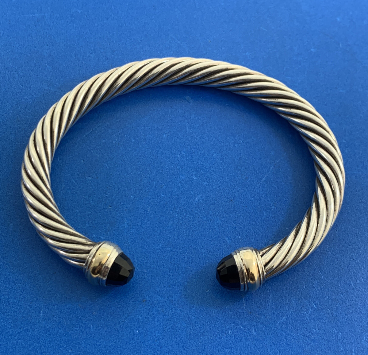 David Yurman 925 Sterling Silver 14K Gold Onyx Cable Classics Open Cuff Bracelet