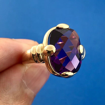 Modernist 14K Yellow Gold Cushion Cut Rectangle Purple Gemstone Anniversary Ring