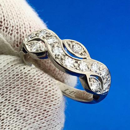 Mid Century 14K White Gold Diamond Modernist Entwined Wave Wedding Band Ring
