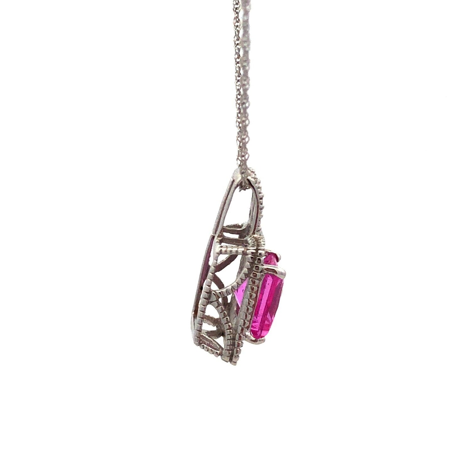 Designer 10K White Gold Princess Pink Sapphire Diamond Pendant Necklace