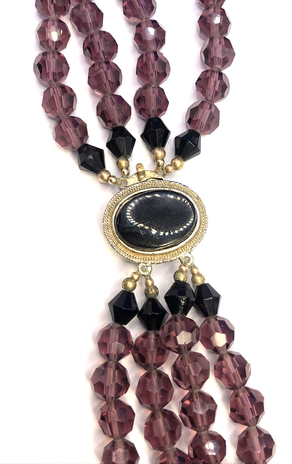 Vintage Art Deco 4-Strand Black Onyx Jet Amethyst Beaded Statement Necklace