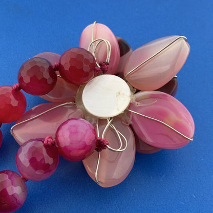 Splendid Amaranth Agate Faceted Bead Flower Statement Haute Couture Necklace