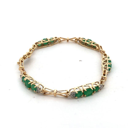 Designer SAY 14K Yellow Gold Oval Green Emerald Diamond Panel Tennis Bracelet