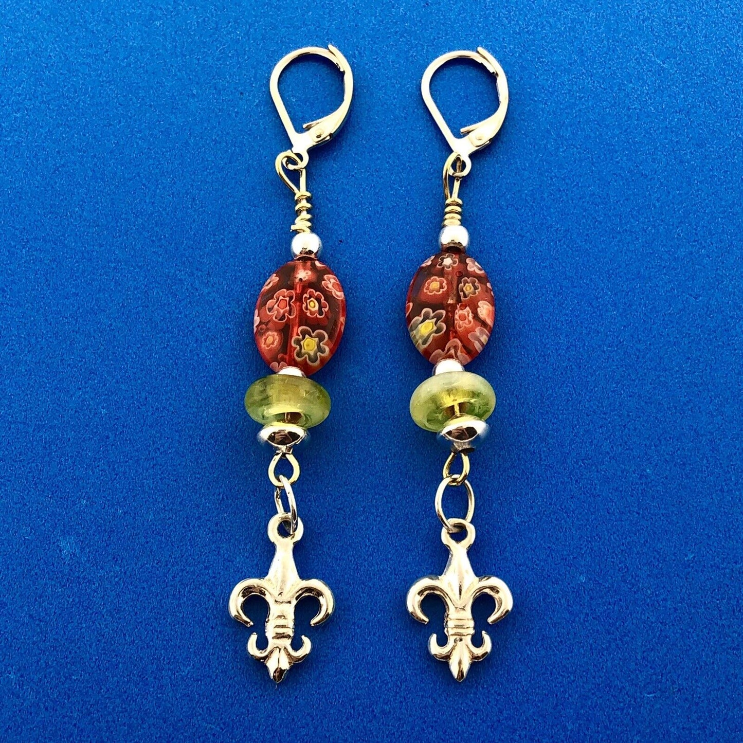 Sterling Silver 925 Millefiore Glass Bead Fleur De Lis Drop Dangle Earrings