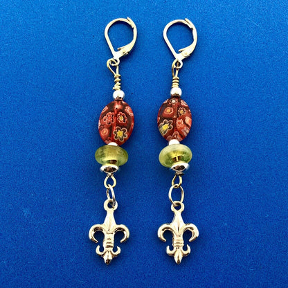 Sterling Silver 925 Millefiore Glass Bead Fleur De Lis Drop Dangle Earrings