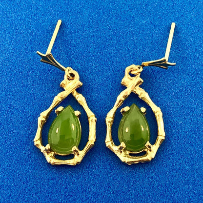 Vintage Estate 14K Yellow Gold Pear Jade Jadeite Bamboo Drop Dangle Earrings