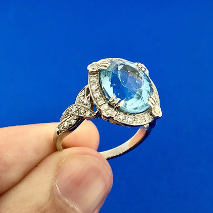 Lovely 18K White Gold Swiss Blue Topaz Diamond Halo December Statement Ring