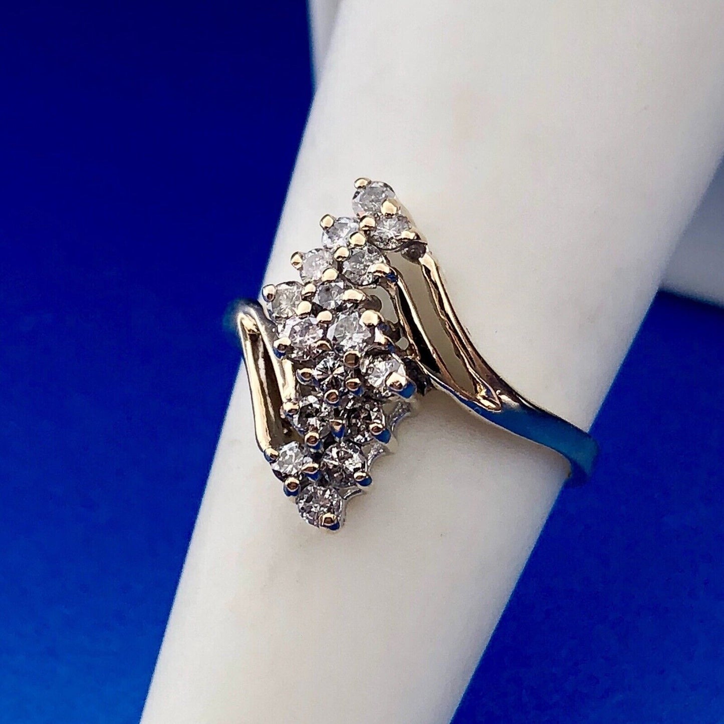 Retro 14K Yellow Gold Diamond Waterfall Cluster Bypass Anniversary Cocktail Ring