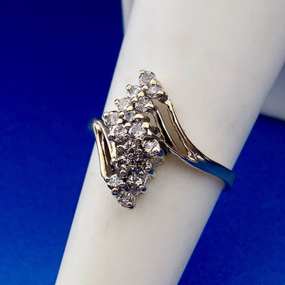 Retro 14K Yellow Gold Diamond Waterfall Cluster Bypass Anniversary Cocktail Ring