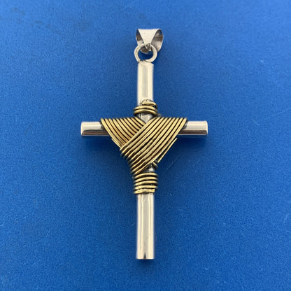 Vintage Mexico Sterling Silver Brass Wrapped Religious Statement Cross Pendant