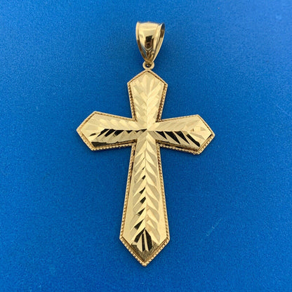 Designer 10K Yellow Gold Diamond Cut Textured Statement Cross Pendant