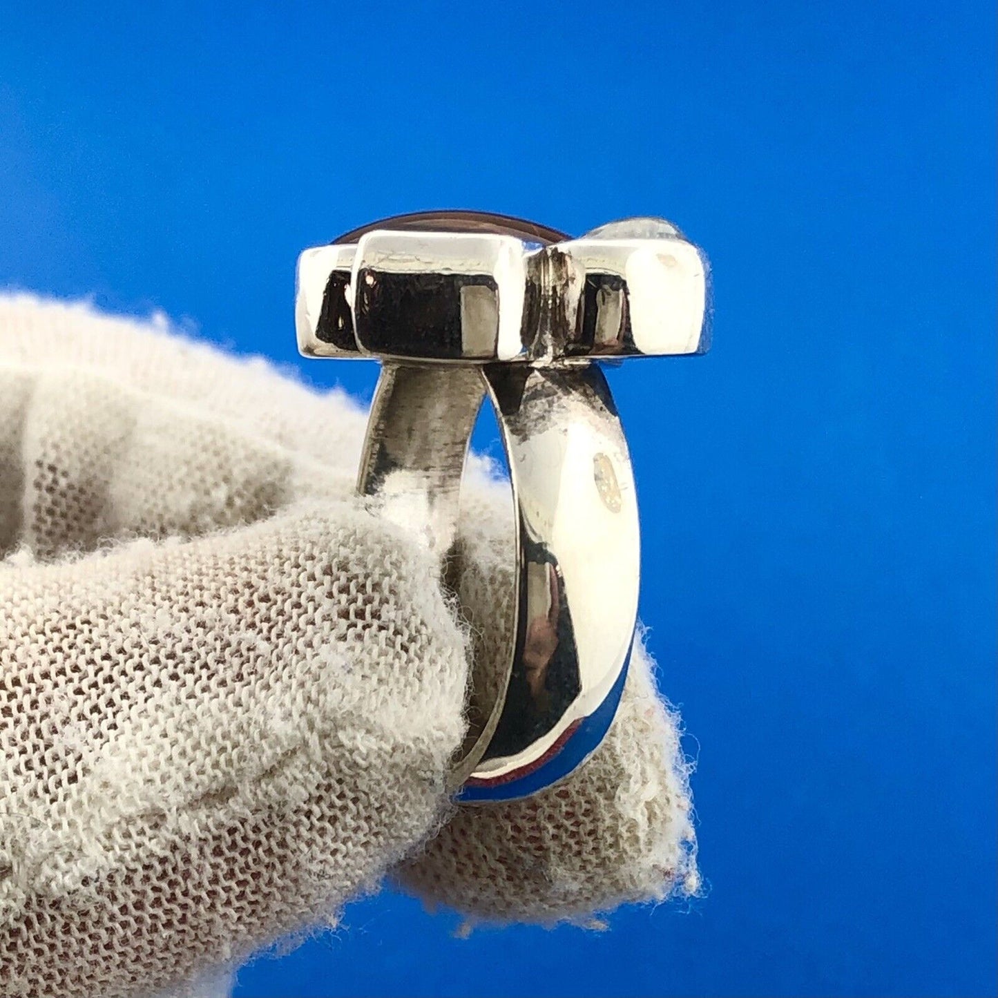 Gorgeous Modernist Sterling Silver 925 Amber Garnet Moonstone Ring Size 7.75