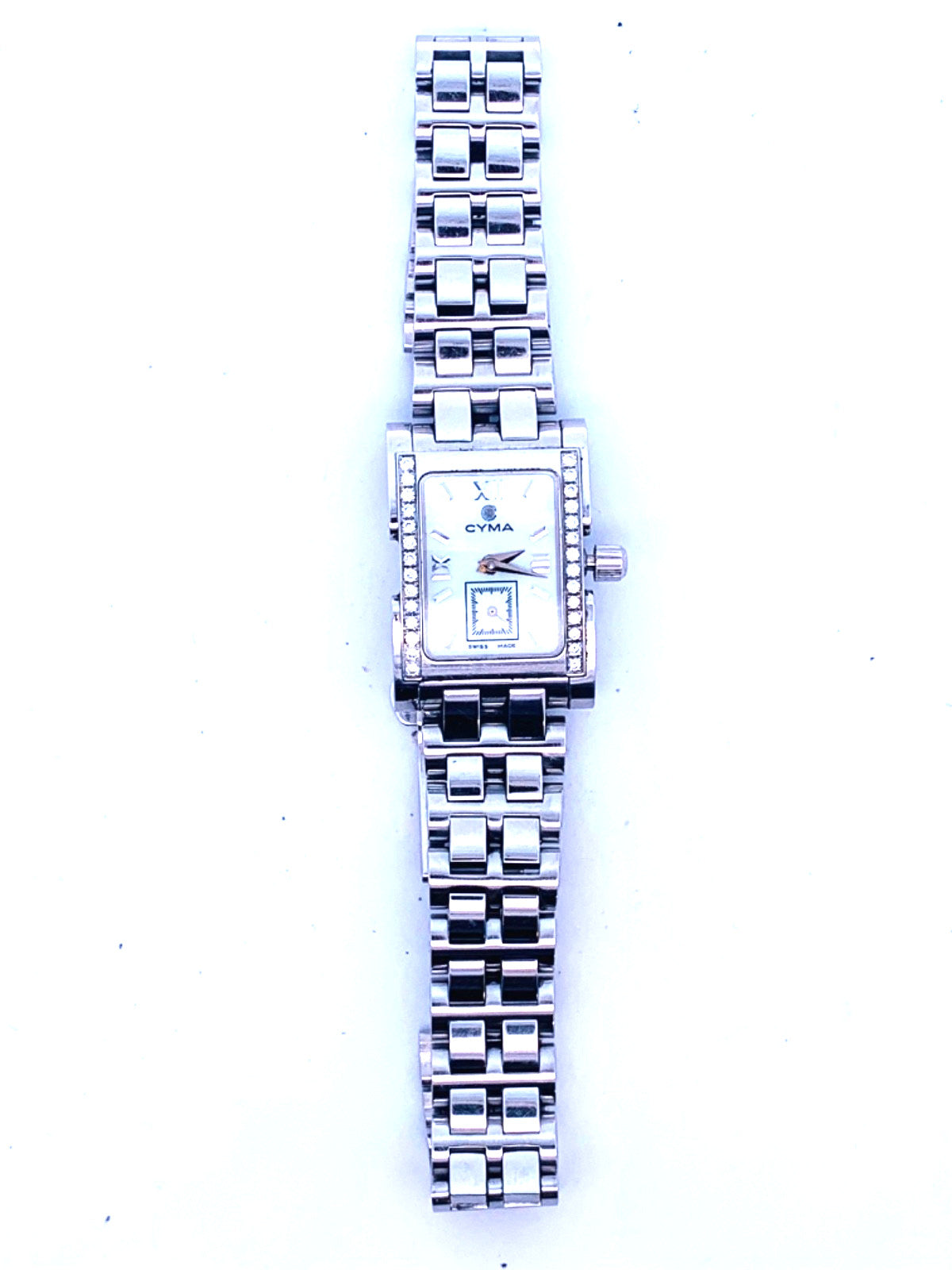 Vintage Cyma Le Locle Stainless Steel Mother Of Pearl Dial Diamond Accent Watch