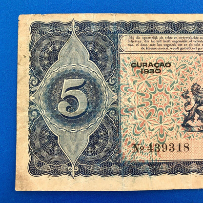 1930 Curacao 5 Gulden De Curacaoshe Bank Dutch Administration Rare Currency Note