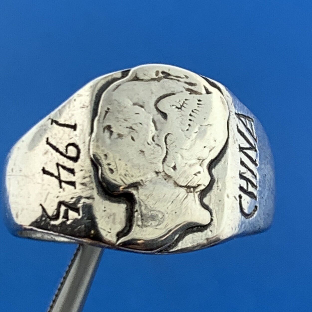 Mid Century 1945 China Engraved 925 Sterling Silver Mercury Dime Bust Dome Ring