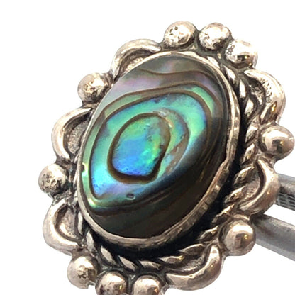 Vintage 925 Sterling Silver Oval Abalone Cabochon Beaded Scroll Stud Earrings