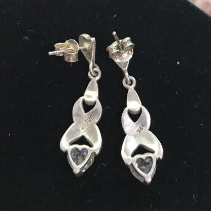 Sterling Silver 925 Marcasite Twist CZ Heart Drop Dangle Earrings