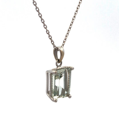 14K White Gold Emerald Cut Green Topaz Solitaire Drop Pendant Necklace