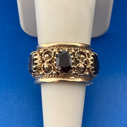 Gorgeous 14k Yellow Gold Oval Cut Red Garnet Openwork Statement Ring Size 7