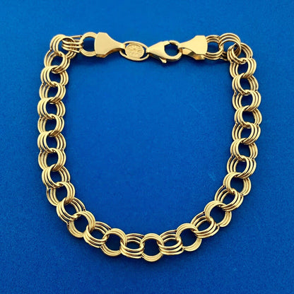 Gorgeous 14k Yellow Gold Triple Circle Link Lobster Claw Clasp 7.25" Bracelet