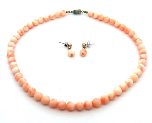 Vintage Gold Tone Angel Skin Coral Beaded Necklace Dangle Stud Earrings 3 Pc Set