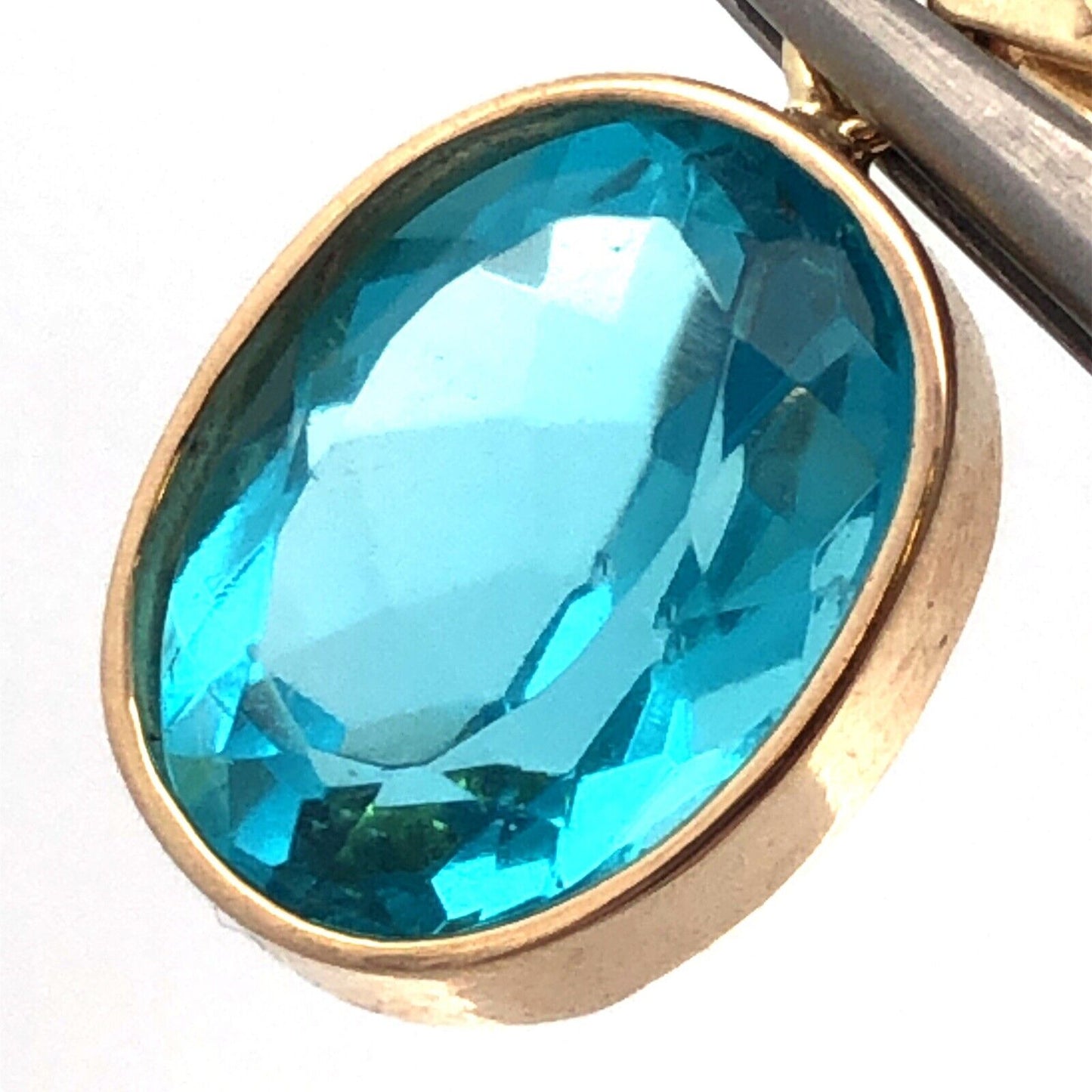 Designer H 14K Yellow Gold Oval Blue Cubic Zirconia CZ Solitaire Bezel Pendant