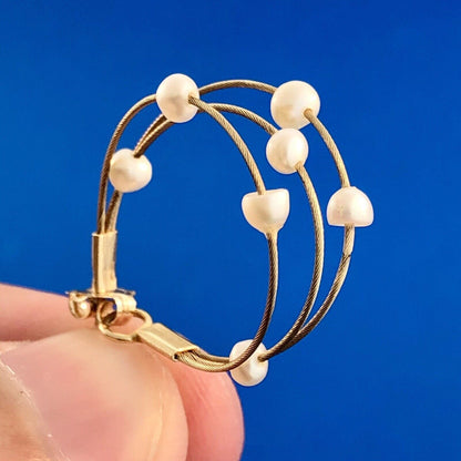 Estate JCM 14K Yellow Gold Pearl Station Three Wire Bridal Wedding Hoop Earrings