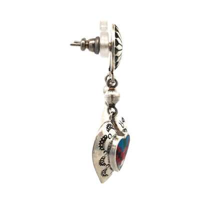 Native American Concho 925 Sterling Silver Multi Gemstone Heart Dangle Earrings