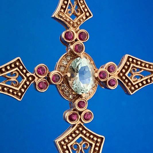 SR 14k Rose Gold Blue Tourmaline Ruby Diamond Faith Cross Pendant Enhancer