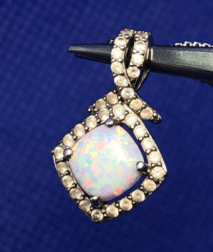 Designer SUN 925 Sterling Silver Opal and Diamond Halo Accent Pendant Necklace