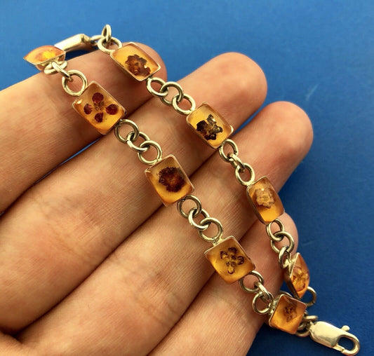 Vintage MWS Taxco Sterling Silver 925 Amber Encased Flower Bud Panel Bracelet