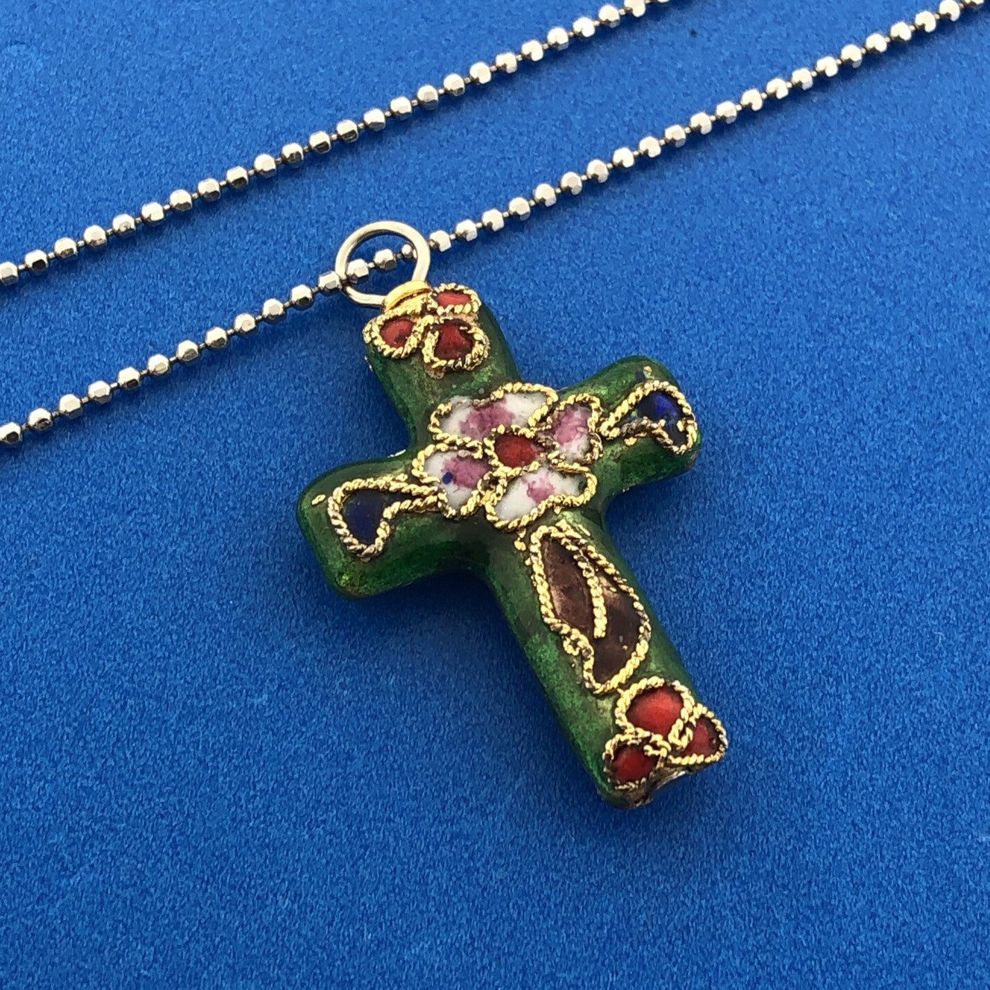 Retro 925 Sterling Silver Vermeil Enamel Cloisonne Cross Two Toned Necklace
