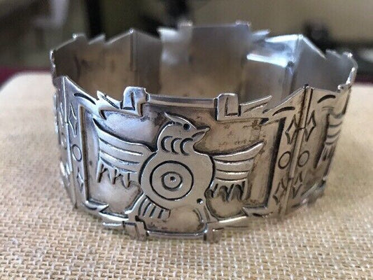 Mexico Sterling Silver 925 3D Peyote Design Four Panel Hinged Cuff Bracelet