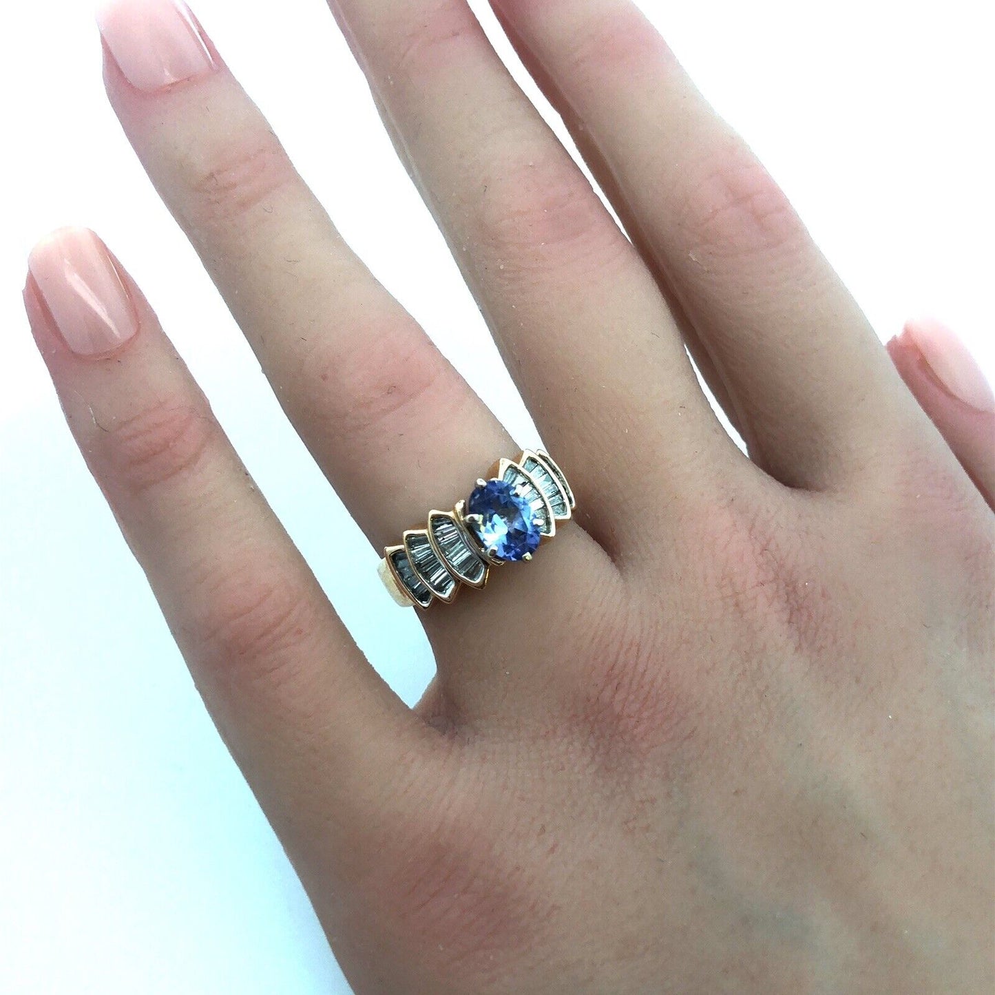 Designer 14K Yellow Gold Oval Tanzanite Diamond Baguette Accented Statement Ring