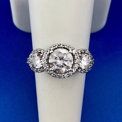 Designer 925 Sterling Silver Cubic Zirconia CZ Trio Halo Engagement Promise Ring