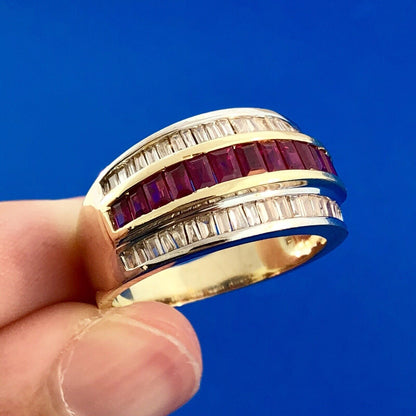 Vintage SRT 14K Yellow White Gold Diamond Ruby Channel Set Tapered Band Ring