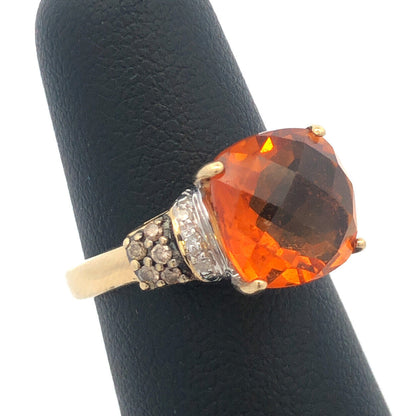 14K Yellow Gold Faceted Cushion Citrine Chocolate White Diamond Cocktail Ring
