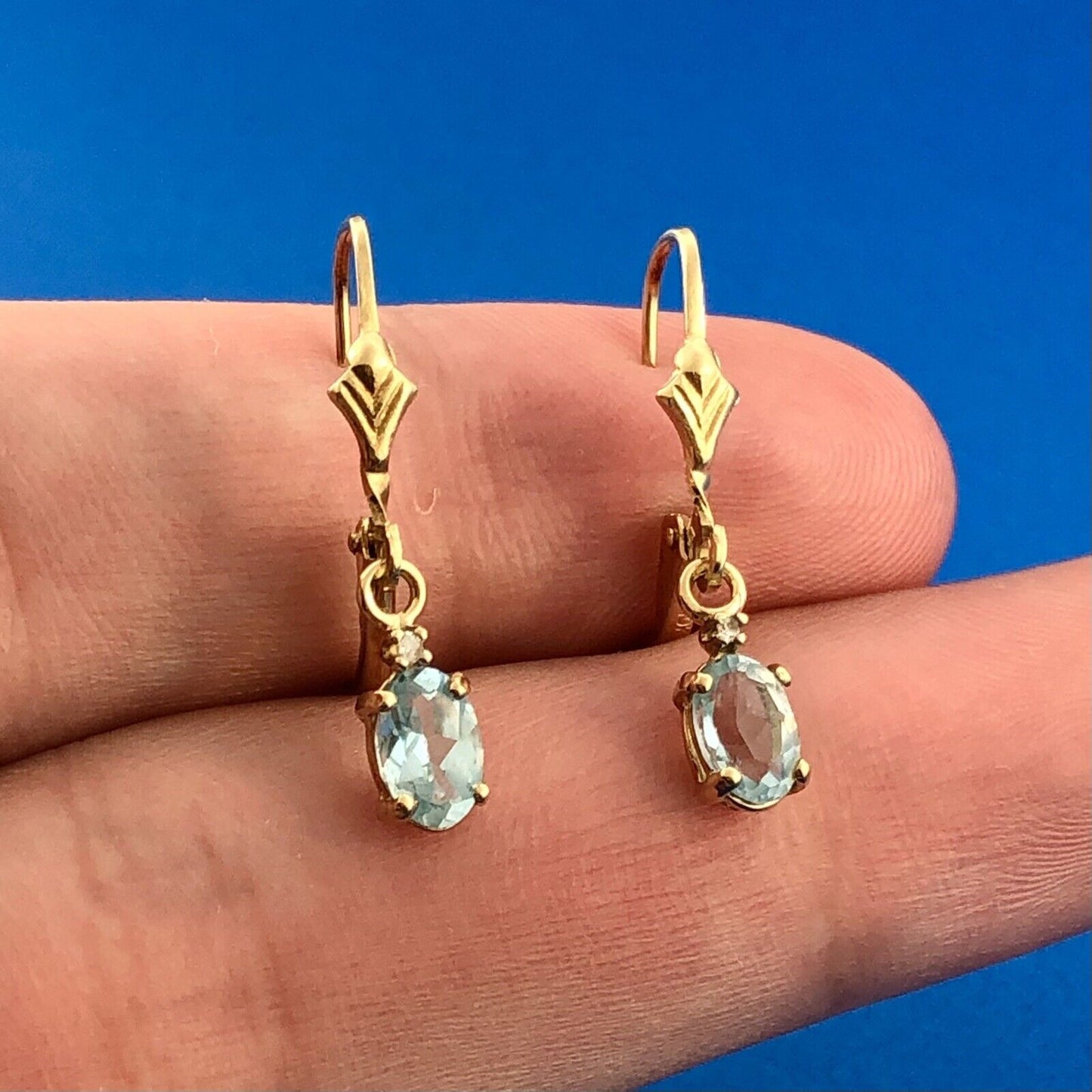 Designer ADL 10K Yellow Gold Oval Blue Topaz December Occasion Dangle Earrings