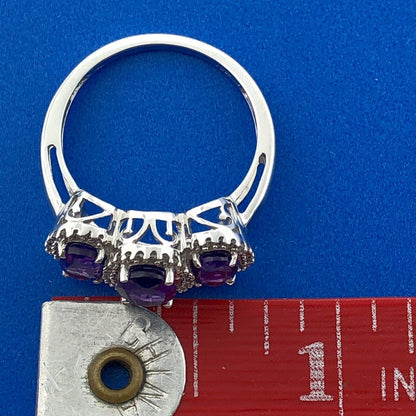 Stunning 10K White Gold Amethyst Trio Diamond Halo February Anniversary Ring