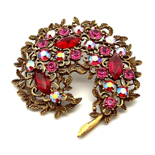 Vintage Emmons Gold Tone Red Pink Aurora Borealis Floral Scroll Statement Brooch