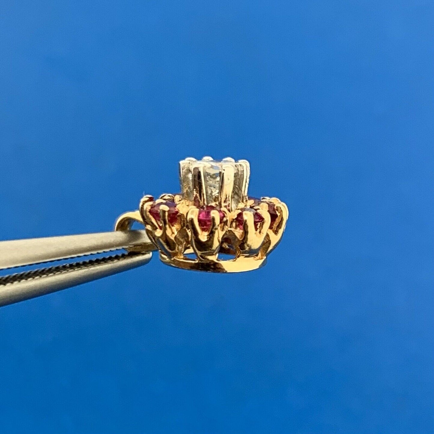 14K Yellow Gold Diamond Ruby Halo Flower Drop Pendant