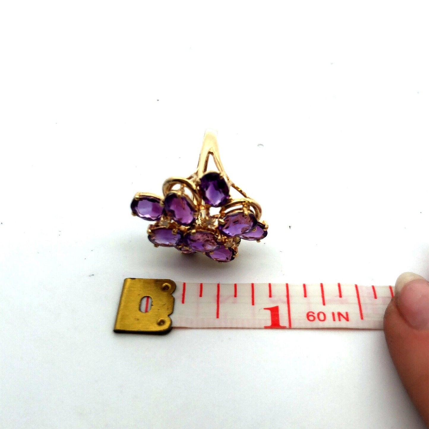 Designer 14K Yellow Gold Lab Created Oval Amethyst Diamond Cluster Cocktail Ring