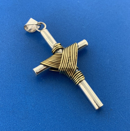 Vintage Mexico Sterling Silver Brass Wrapped Religious Statement Cross Pendant