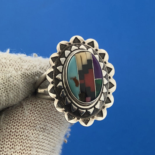 Native American Signed R.B. 925 Sterling Silver Mixed Gemstone Inlay Concho Ring