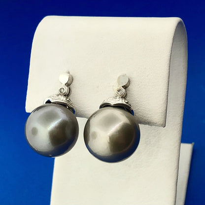 Gorgeous 14k White Gold Gray Pearl Round Cut Diamond Dangle Earrings 13.5mm