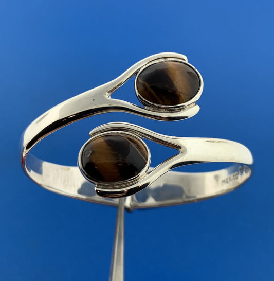 Mexican Sterling Silver 925 Tiger Eye's Quartz Bypass 6" Hinged Cuff Bracelet
