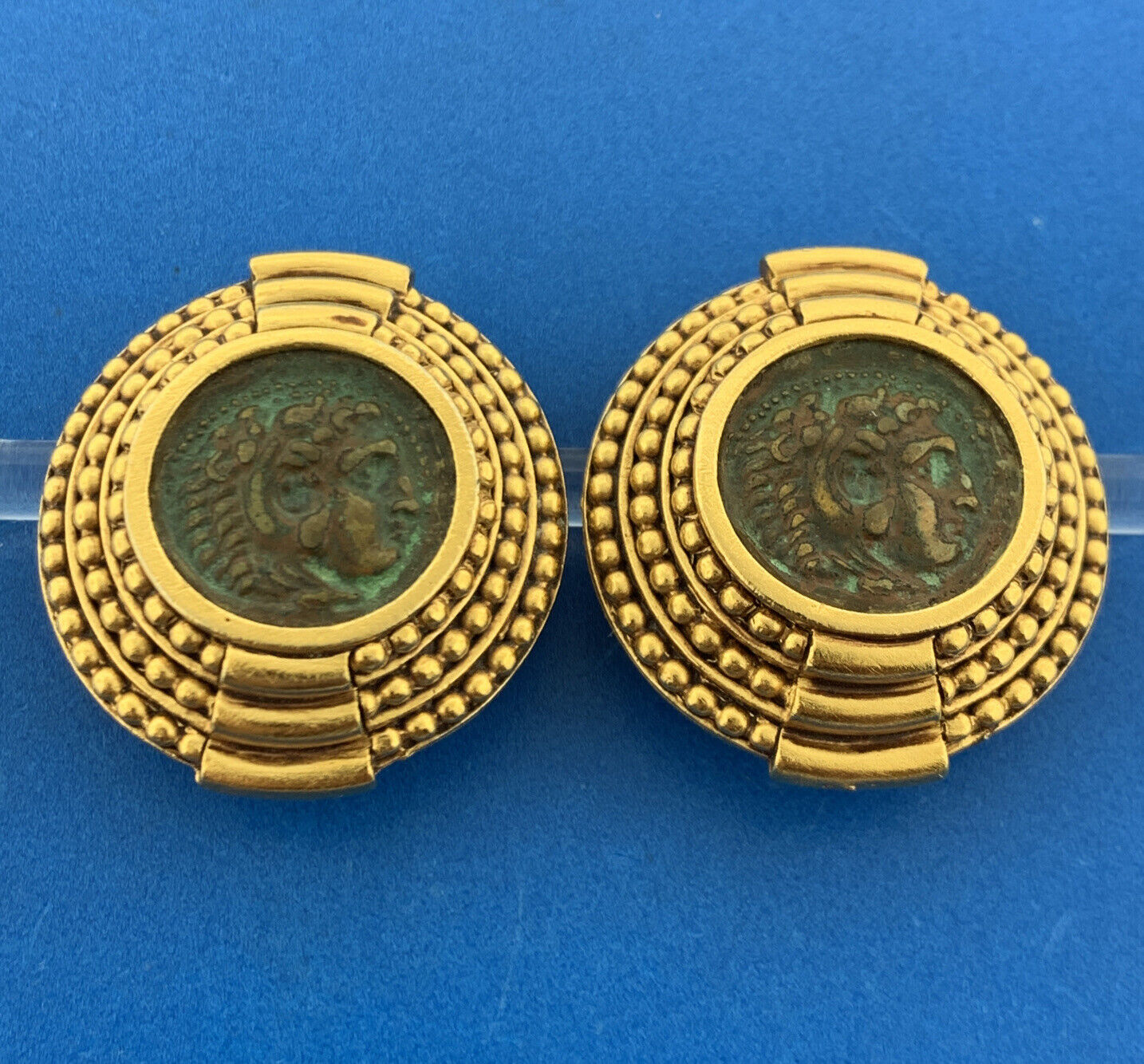 Vintage DIVA Gold Tone Etruscan Inspired Ancient Coin Clip Statement Earrings